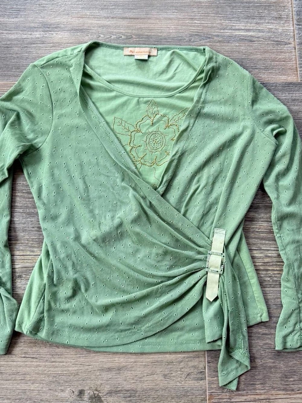 Vintage Y2K whimsy fairy sage Green long sleeve blouse with gold floral studs